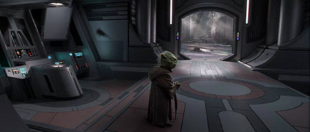 Yoda in de verwoeste Jedi tempe.
